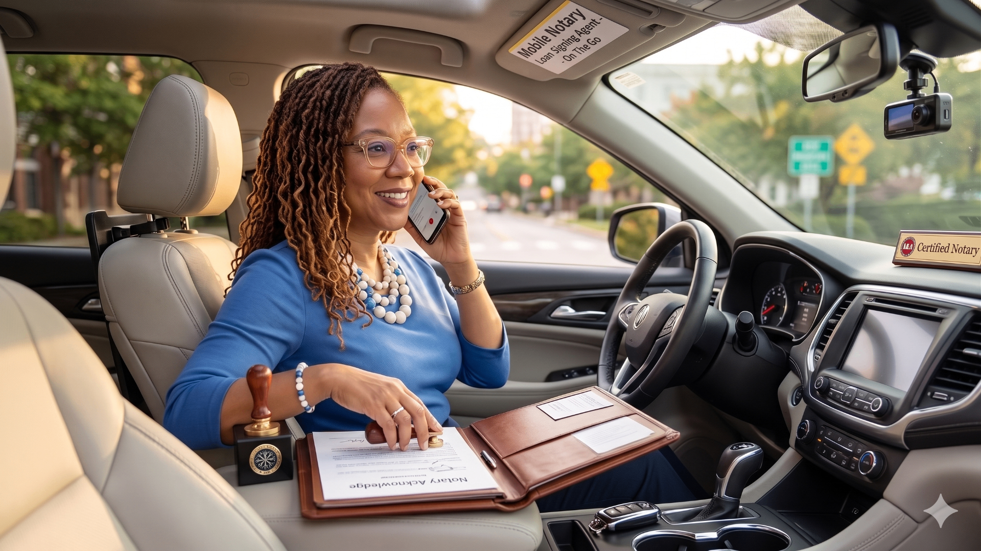 Confident mobile notary smiling while presenting closing documents to a client at a polished desk